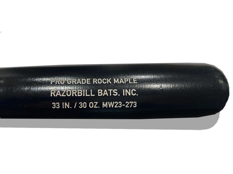 Premium wood baseball bat from Razorbill Bats, crafted for durability and performance, featuring the engraved barrel.