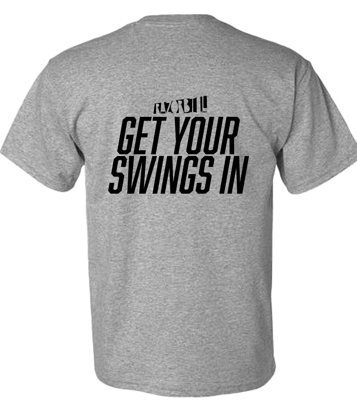 Razorbill Bats grey t-shirt with 'Get Your Swings In' slogan for baseball players and fans