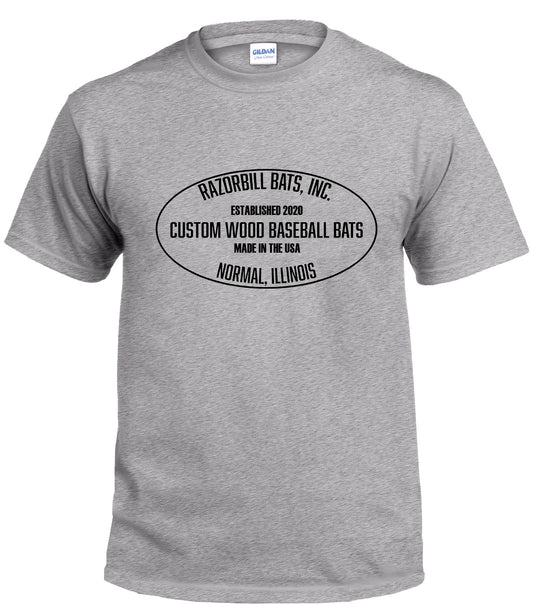 Razorbill Bats grey t-shirt with 'Get Your Swings In' slogan for baseball players and fans