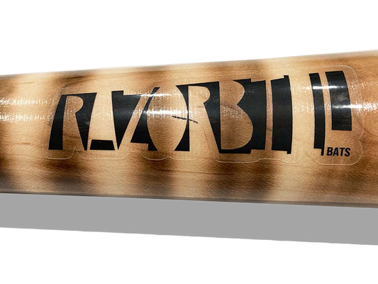 Close-up of Razorbill logo on the barrel of a torch wood bat