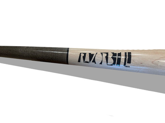 Close-up of charcoal detail and logo on midsection of Razorbill bat