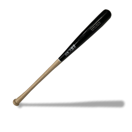 Razorbill Bats Standard Pro wood bat featuring a black barrel with a sharp hard edge transition into a natural maple handle, combining bold style with pro-grade craftsmanship.