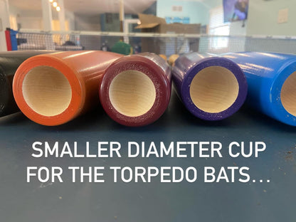 Custom Razorbill bat featuring a sleek torpedo design with a small cupped end.